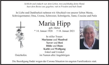 Todesanzeige von Maria Hipp von merkurtz
