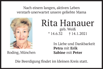 Todesanzeige von Rita Hanauer von merkurtz