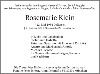 Todesanzeige von Rosemarie Klein von merkurtz