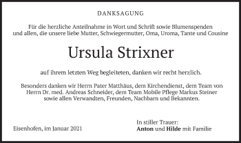 Todesanzeige von Ursula Strixner von merkurtz