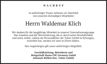 Todesanzeige von Waldemar Klich von merkurtz