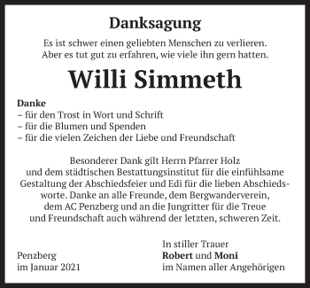Todesanzeige von Willi Simmeth von Das Gelbe Blatt Penzberg