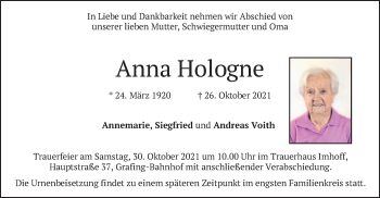 Todesanzeige von Anna Hologne von merkurtz