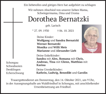 Todesanzeige von Dorothea Bernatzki von merkurtz
