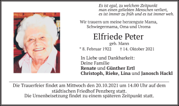 Todesanzeige von Elfriede Peter von merkurtz