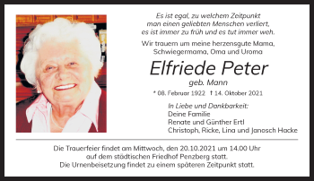 Todesanzeige von Elfriede Peter von Das Gelbe Blatt Penzberg