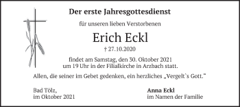 Todesanzeige von Erich Eckl von merkurtz