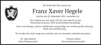 Todesanzeige von Franz Xaver Hegele von merkurtz