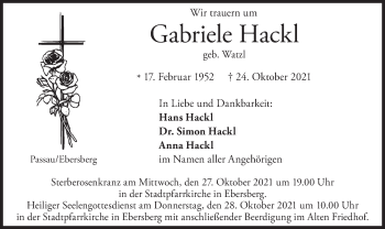 Todesanzeige von Gabriele Hackl von merkurtz