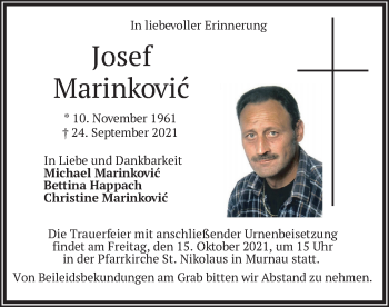 Todesanzeige von Josef Marinkovic von merkurtz
