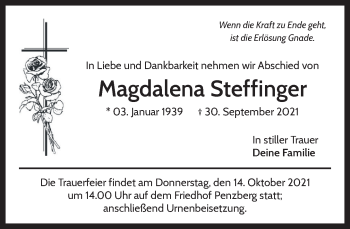 Todesanzeige von Magdalena Steffinger von Das Gelbe Blatt Penzberg
