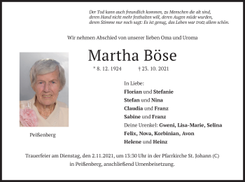 Todesanzeige von Martha Böse von merkurtz