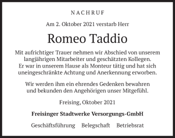 Todesanzeige von Romeo Taddio von merkurtz