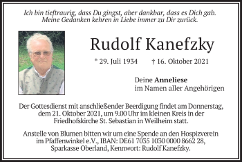 Todesanzeige von Rudolf Kanefzky von merkurtz