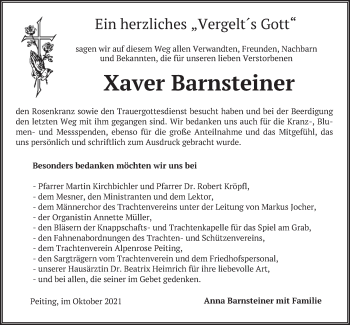 Todesanzeige von Xaver Barnsteiner von merkurtz