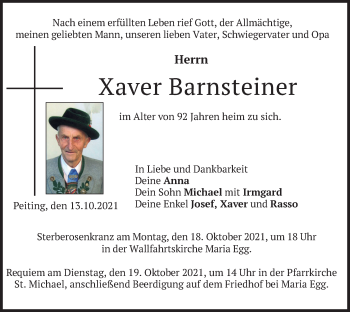 Todesanzeige von Xaver Barnsteiner von merkurtz