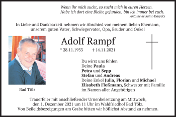 Todesanzeige von Adolf Rampf von merkurtz