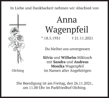 Todesanzeige von Anna Wagenpfeil von merkurtz