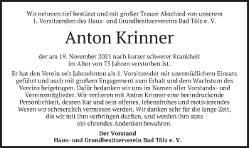Todesanzeige von Anton Krinner von merkurtz