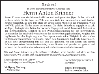 Todesanzeige von Anton Krinner von merkurtz