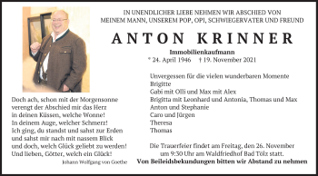 Todesanzeige von Anton Krinner von merkurtz