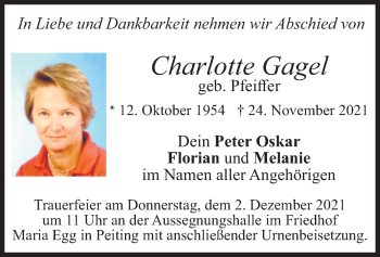 Todesanzeige von Charlotte Gagel von merkurtz