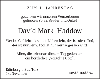 Todesanzeige von David Mark Haddow von merkurtz