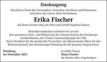 Todesanzeige von Erika Fischer von Das Gelbe Blatt Penzberg
