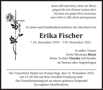 Todesanzeige von Erika Fischer von Das Gelbe Blatt Penzberg
