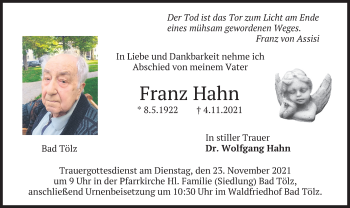 Todesanzeige von Franz Hahn von merkurtz