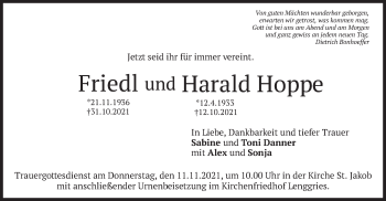 Todesanzeige von Friedl und Harald Hoppe von merkurtz