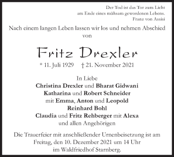 Todesanzeige von Fritz Drexler von merkurtz