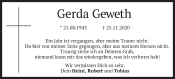Todesanzeige von Gerda Geweth von merkurtz
