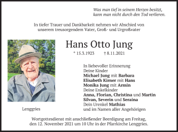 Todesanzeige von Hans Otto Jung von merkurtz
