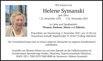 Todesanzeige von Helene Symanski von merkurtz