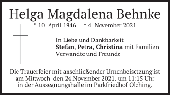 Todesanzeige von Helga Magdalena Behnke von merkurtz