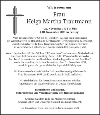 Todesanzeige von Helga Martha Trautmann von merkurtz