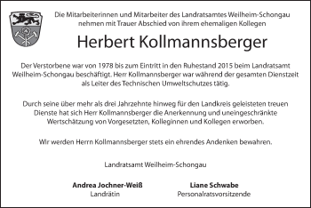 Todesanzeige von Herbert Kollmannsberger von merkurtz