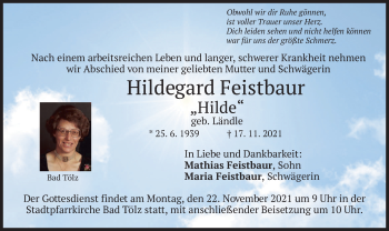 Todesanzeige von Hildegard Feistbaur von merkurtz