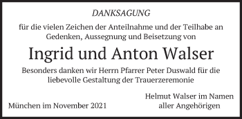 Todesanzeige von Ingrid und Anton Walser von merkurtz
