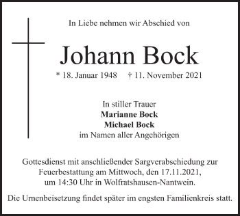 Todesanzeige von Johann Bock von merkurtz