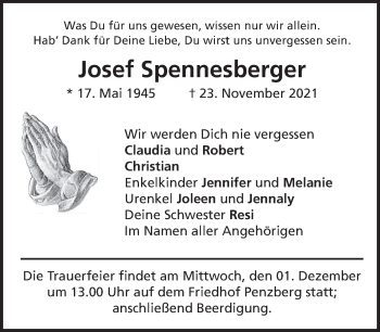 Todesanzeige von Josef Spennesberger von Das Gelbe Blatt Penzberg