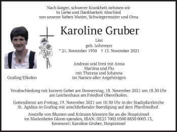 Todesanzeige von Karoline Gruber von merkurtz
