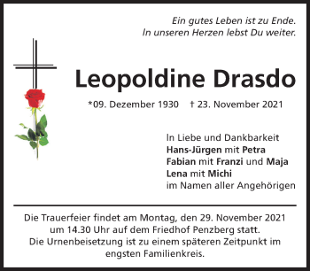 Todesanzeige von Leopoldine Drasdo von Das Gelbe Blatt Penzberg
