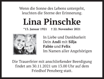 Todesanzeige von Lina Pinschke von Das Gelbe Blatt Penzberg