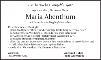 Todesanzeige von Maria Abenthum von merkurtz