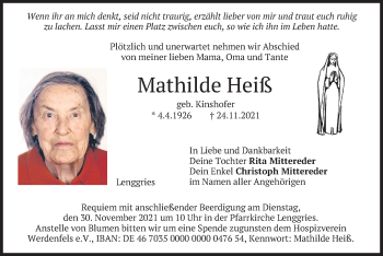 Todesanzeige von Mathilde Heiß von merkurtz