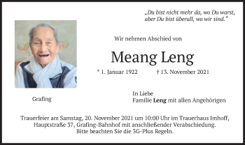 Todesanzeige von Meang Leng von merkurtz