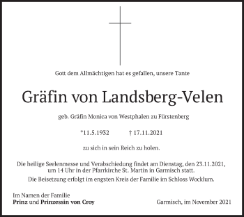 Todesanzeige von Monica Gräfin von Landsberg-Velen von merkurtz
