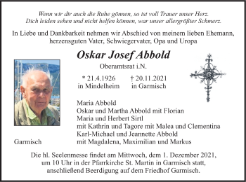 Todesanzeige von Oskar Josef Abbold von merkurtz
